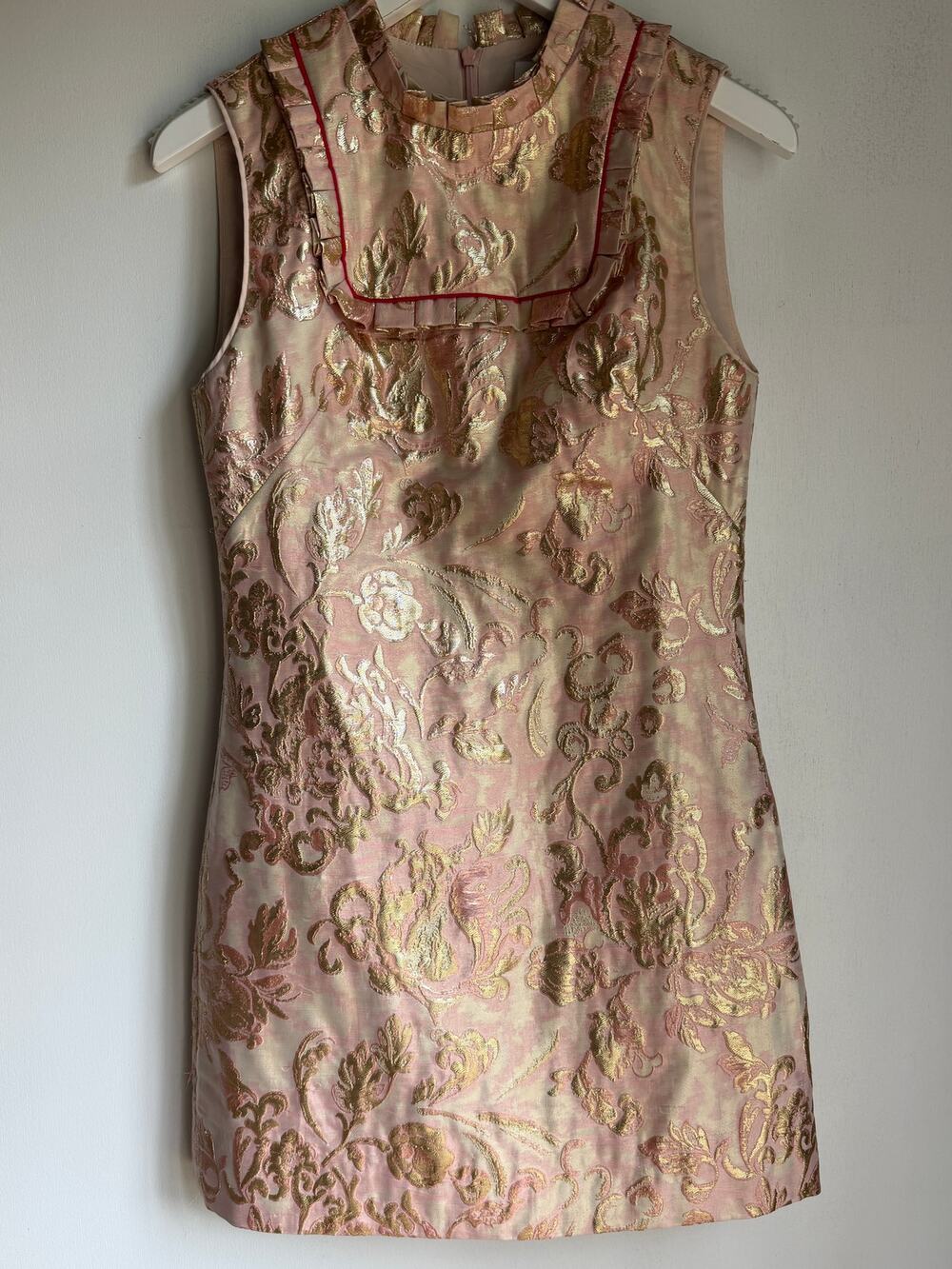 Sandro Paris Metallic Jacquard Mini Dress Size 1 Pink Gold Brocade Ruffle